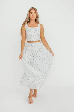 Online Worth Collective Florence 100% Cotton Corset Top & Skirt Set in White Floral