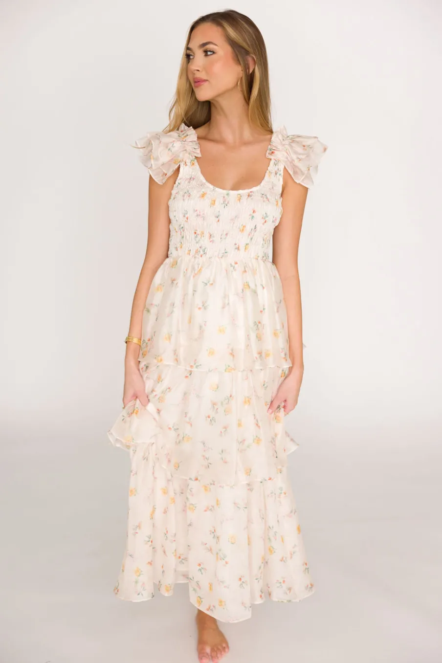 Online Worth Collective Forever & Always Midi Dress in Tiny Yellow Floral - Bump Friendly & In