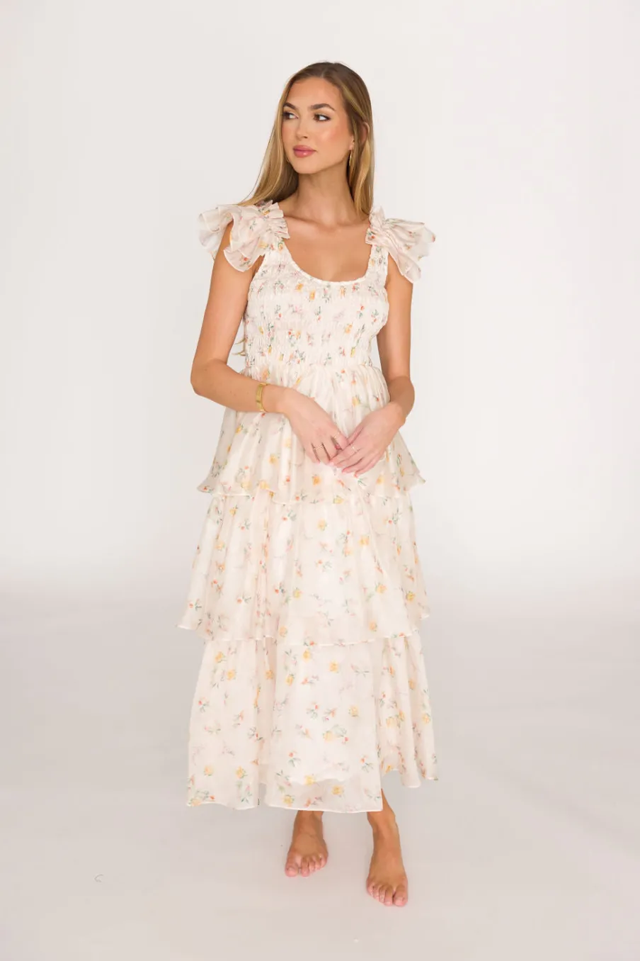 Online Worth Collective Forever & Always Midi Dress in Tiny Yellow Floral - Bump Friendly & In