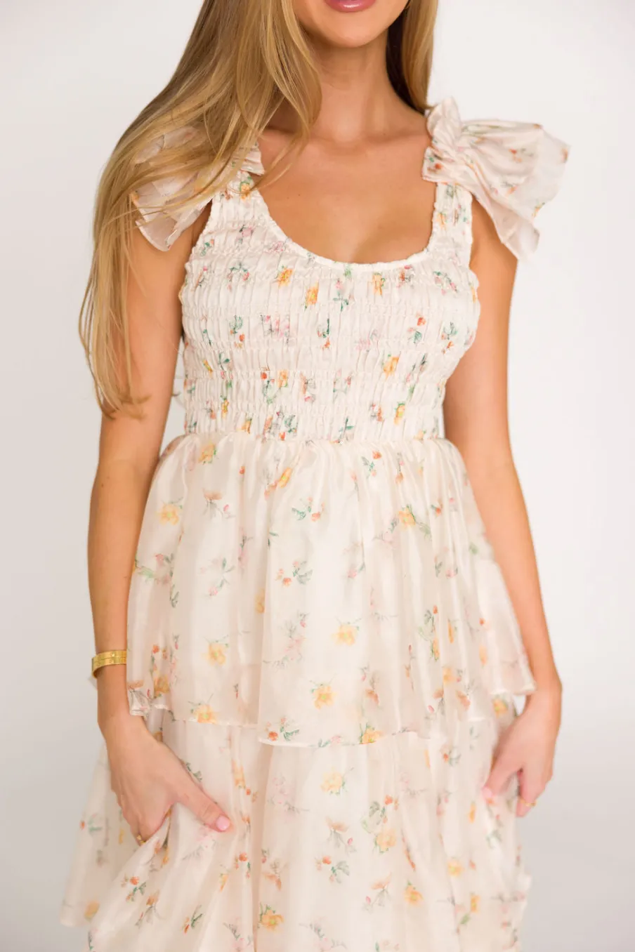 Online Worth Collective Forever & Always Midi Dress in Tiny Yellow Floral - Bump Friendly & In