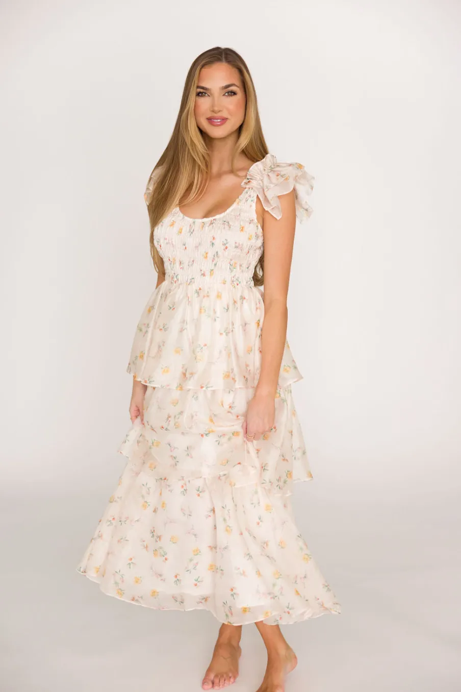 Online Worth Collective Forever & Always Midi Dress in Tiny Yellow Floral - Bump Friendly & In