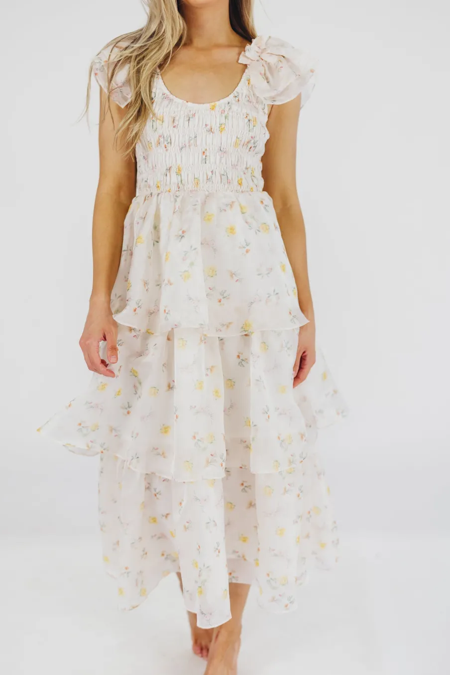 Online Worth Collective Forever & Always Midi Dress in Tiny Yellow Floral - Bump Friendly & In