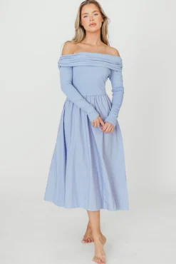 Sale Worth Collective Francis Long Sleeve Off-Shoulder Midi Dress in Blue