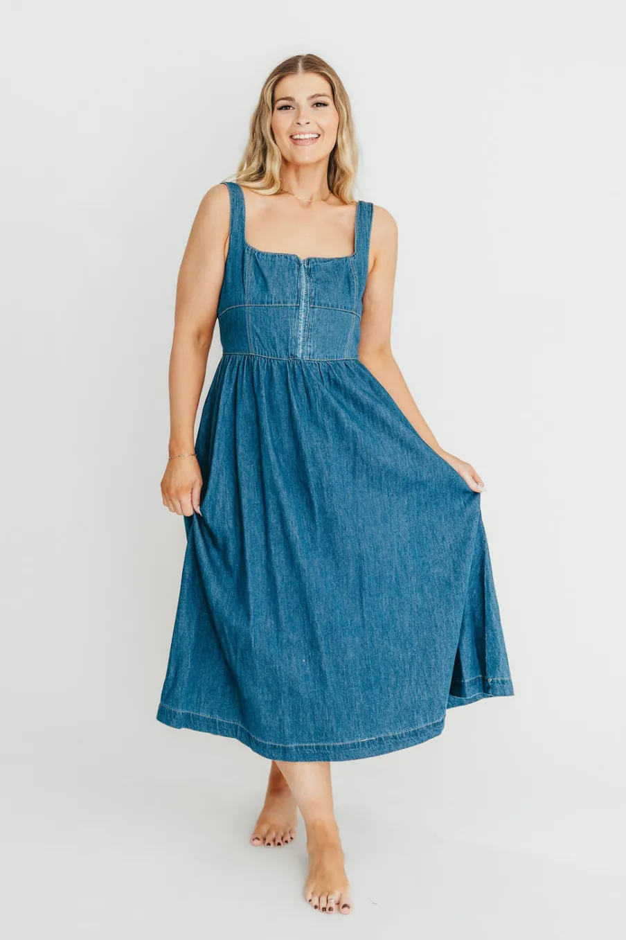 Clearance Worth Collective Frankie 100% Cotton Bustier Midi Dress in Denim