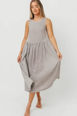 Best Worth Collective Frannie 100% Cotton Gingham Midi Dress in Ash