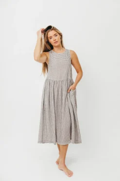 Best Worth Collective Frannie 100% Cotton Gingham Midi Dress in Ash