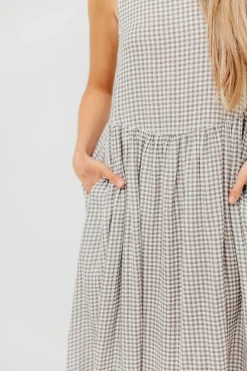 Best Worth Collective Frannie 100% Cotton Gingham Midi Dress in Ash