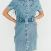 New Worth Collective Gabriella Belted Button Down Mini Denim Dress