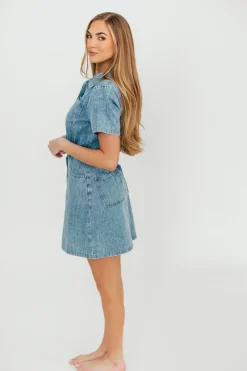 New Worth Collective Gabriella Belted Button Down Mini Denim Dress