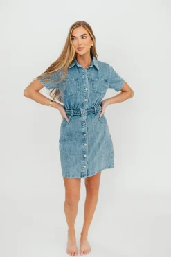 New Worth Collective Gabriella Belted Button Down Mini Denim Dress