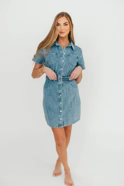 New Worth Collective Gabriella Belted Button Down Mini Denim Dress