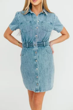New Worth Collective Gabriella Belted Button Down Mini Denim Dress