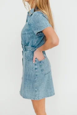 New Worth Collective Gabriella Belted Button Down Mini Denim Dress