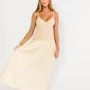 Discount Worth Collective Gaby V-Neck Mixed Media Maxi Dress in Cream