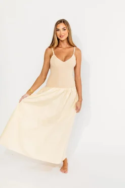 Discount Worth Collective Gaby V-Neck Mixed Media Maxi Dress in Cream