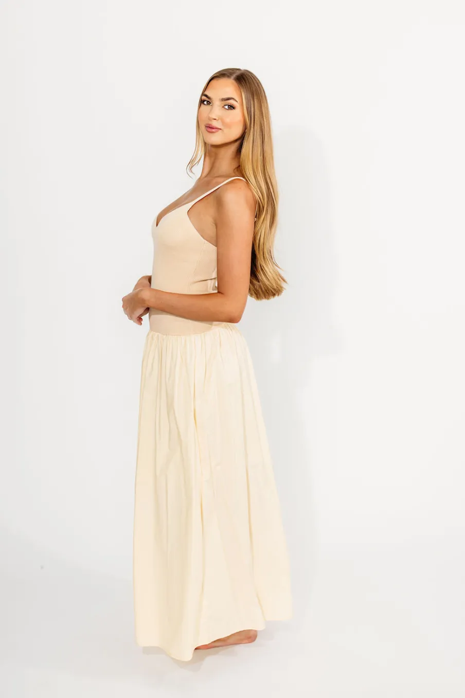 Discount Worth Collective Gaby V-Neck Mixed Media Maxi Dress in Cream