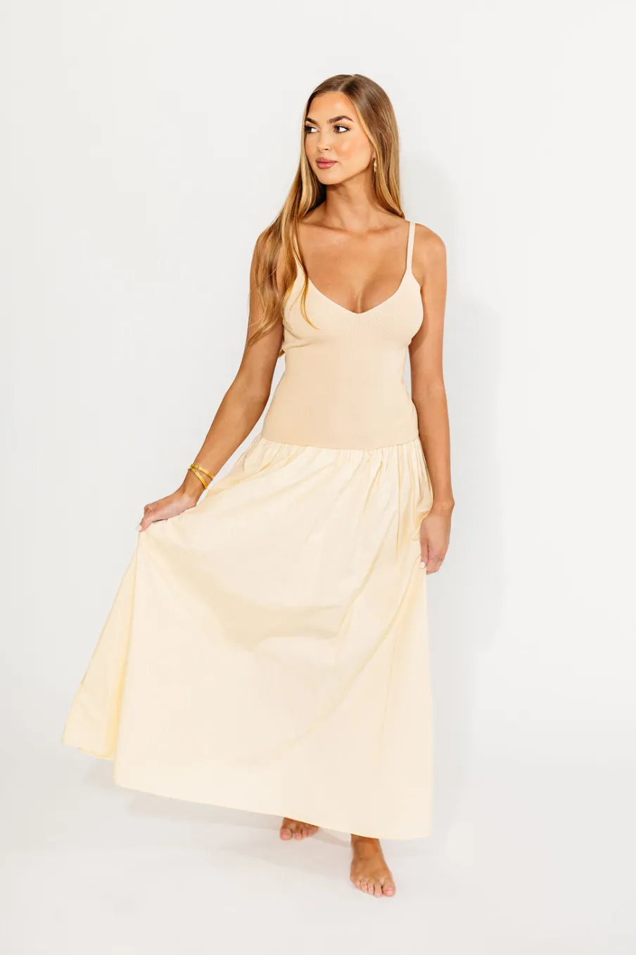 Discount Worth Collective Gaby V-Neck Mixed Media Maxi Dress in Cream