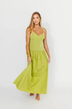 Sale Worth Collective Gaby V-Neck Sleeveless Mixed Media Maxi Dress in Green