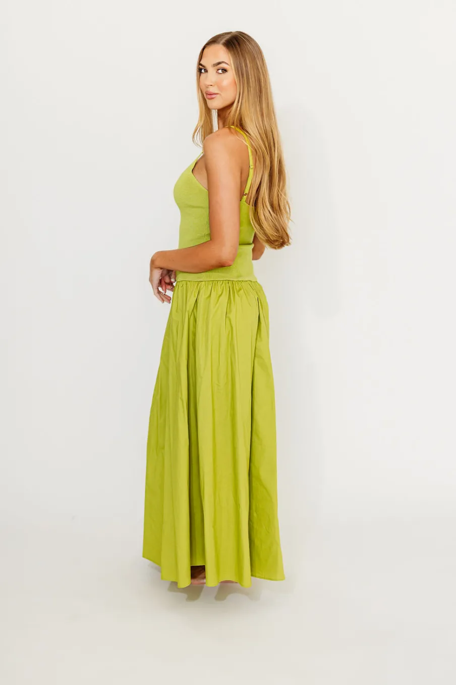Sale Worth Collective Gaby V-Neck Sleeveless Mixed Media Maxi Dress in Green