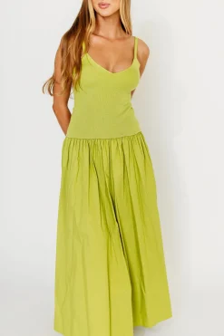 Sale Worth Collective Gaby V-Neck Sleeveless Mixed Media Maxi Dress in Green