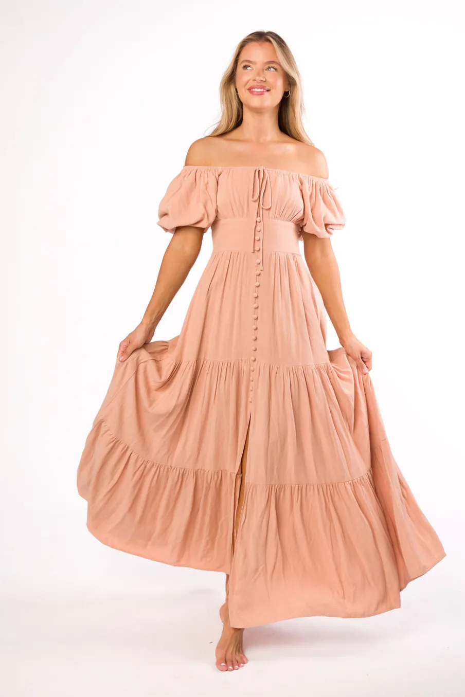 Hot Worth Collective Genevieve Tiered Maxi Dress in Peach Clay