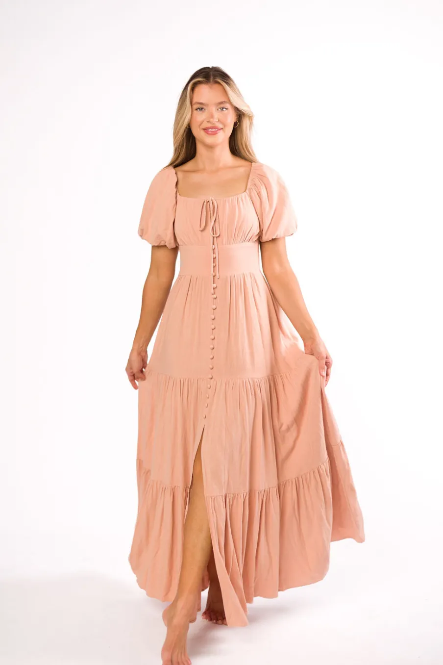 Hot Worth Collective Genevieve Tiered Maxi Dress in Peach Clay