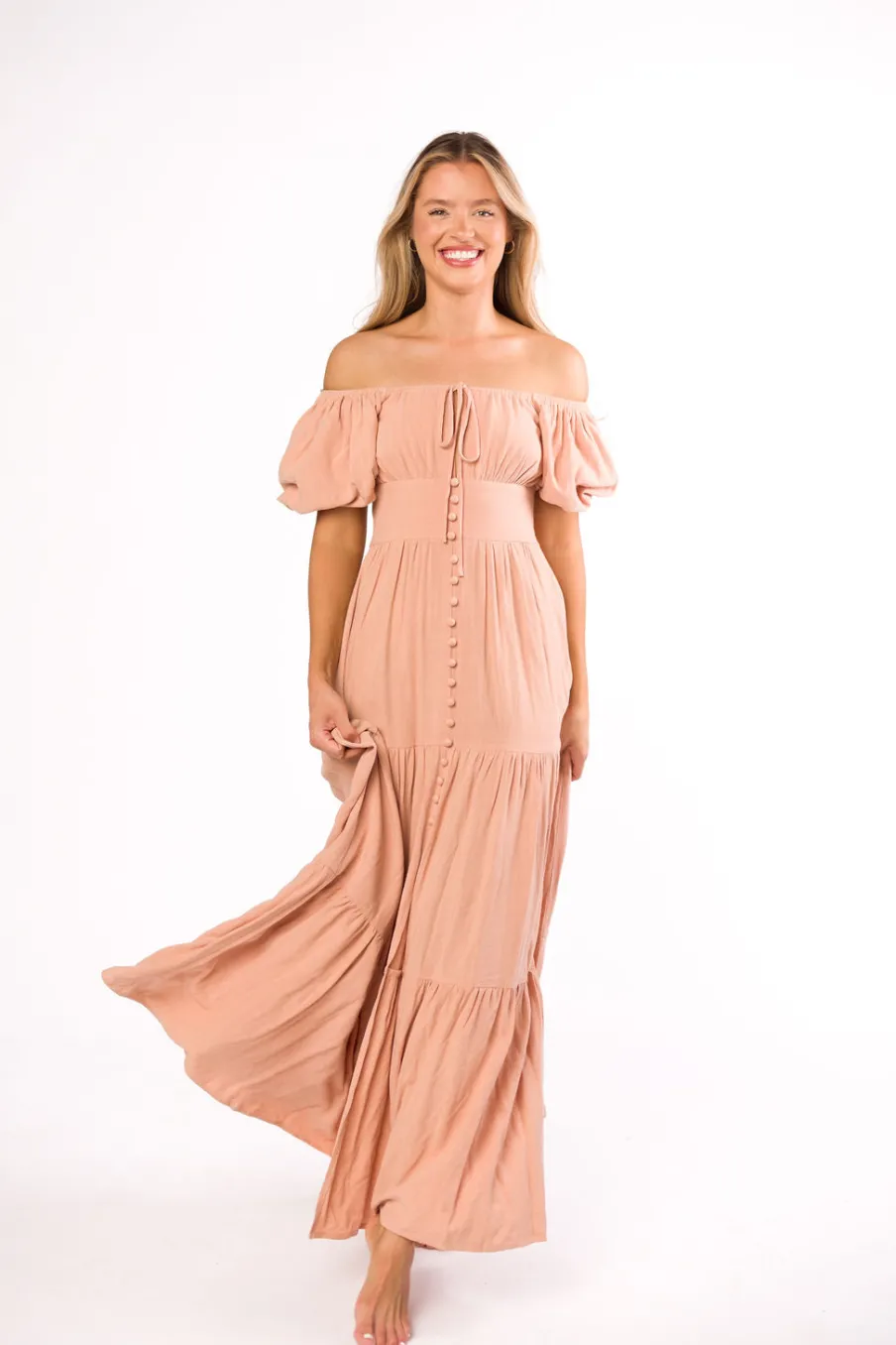 Hot Worth Collective Genevieve Tiered Maxi Dress in Peach Clay