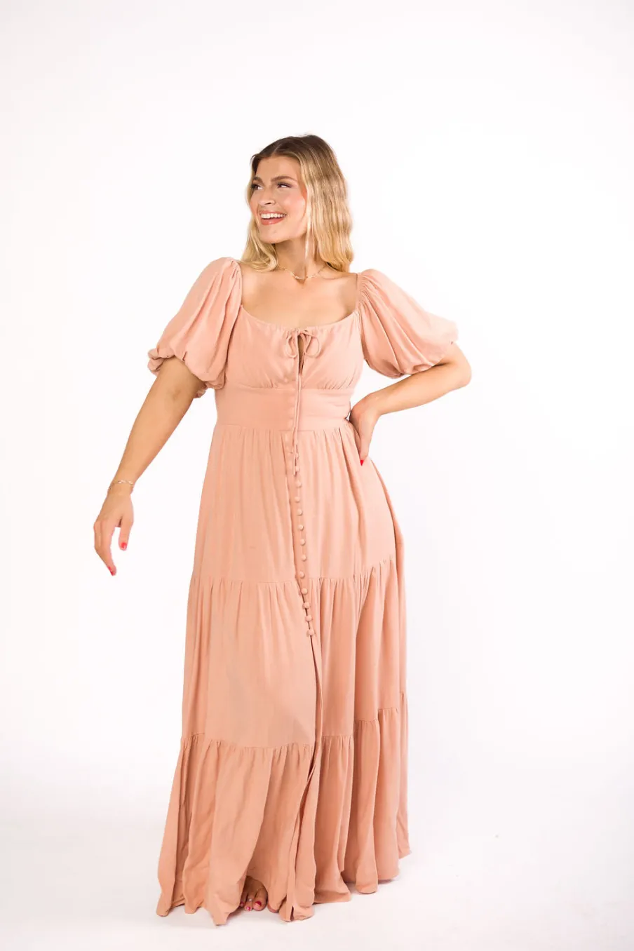 Hot Worth Collective Genevieve Tiered Maxi Dress in Peach Clay
