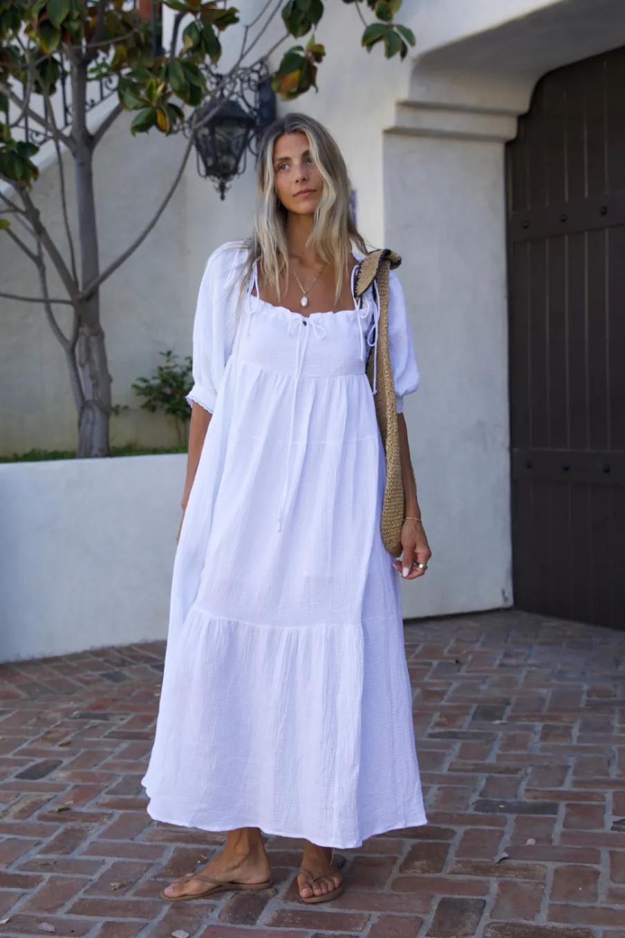 Fashion Worth Collective Goddess 100% Cotton Babydoll Maxi Dress in White - Bump Friendly