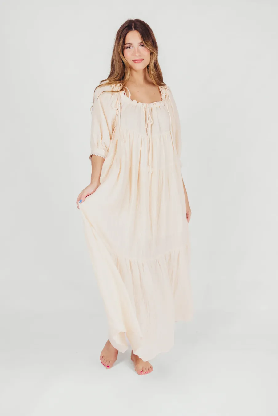Sale Worth Collective Goddess 100% Cotton Babydoll Maxi Dress in Blush - Bump Friendly