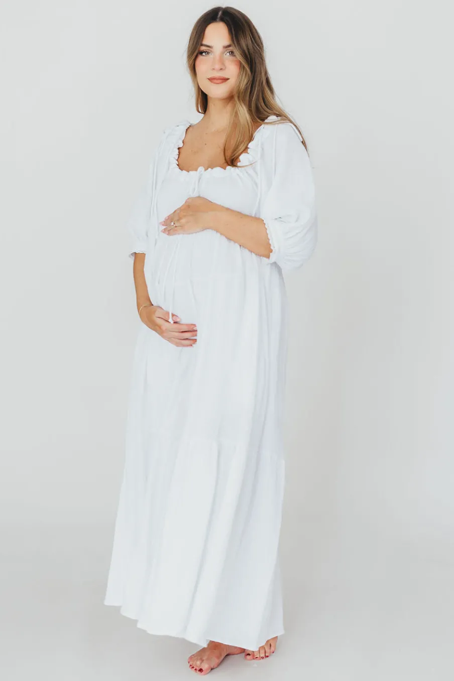 Fashion Worth Collective Goddess 100% Cotton Babydoll Maxi Dress in White - Bump Friendly