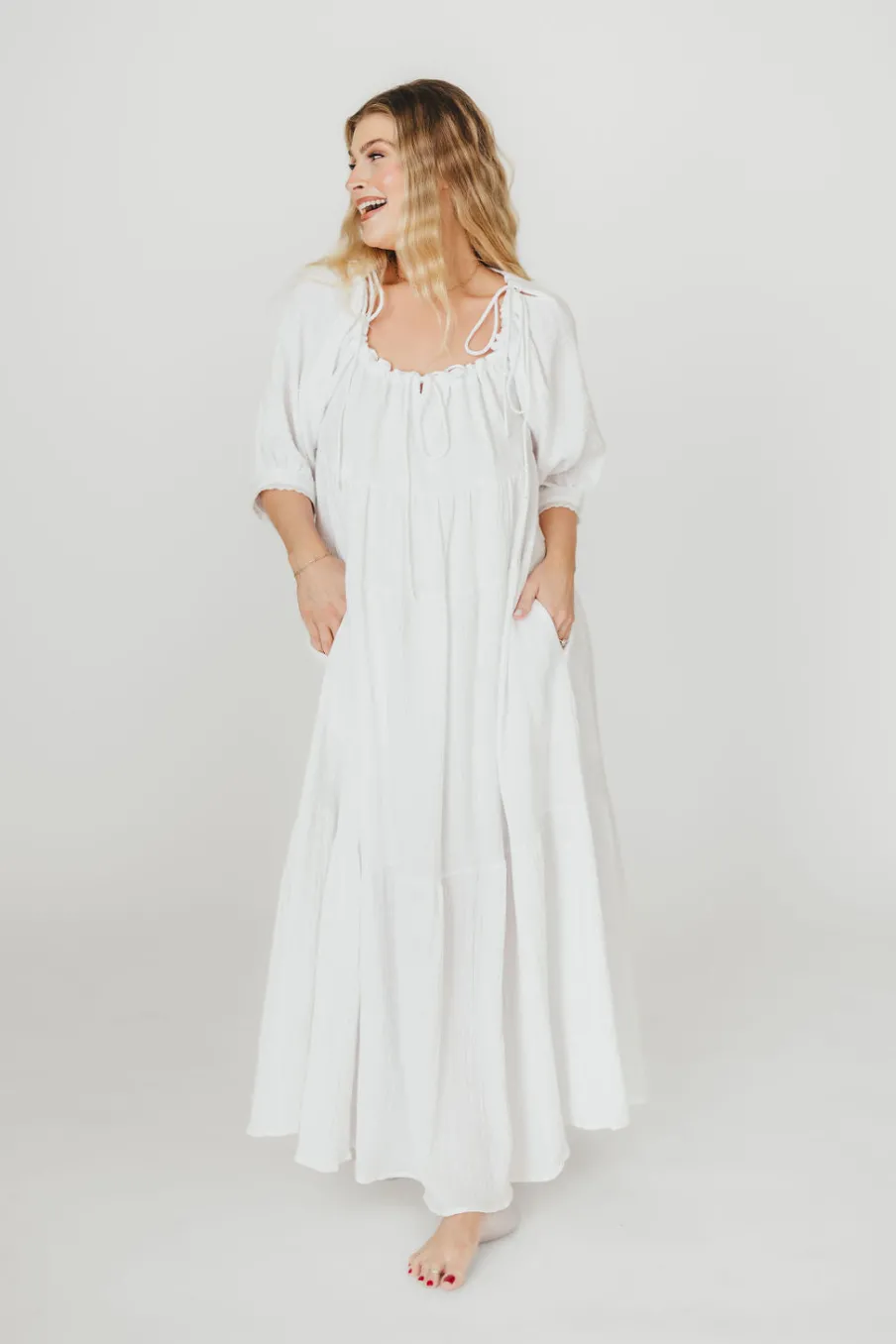 Fashion Worth Collective Goddess 100% Cotton Babydoll Maxi Dress in White - Bump Friendly