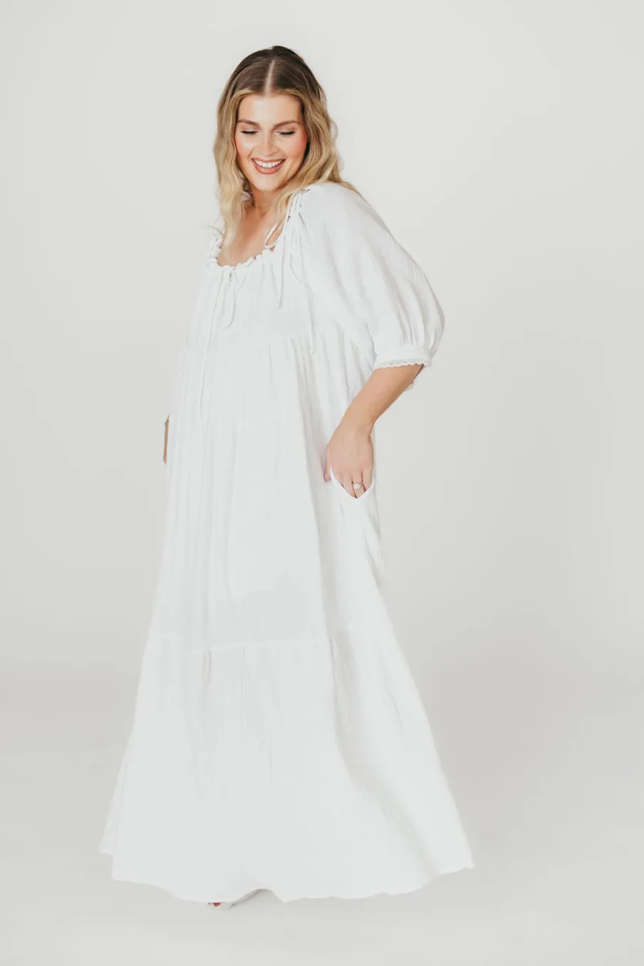 Fashion Worth Collective Goddess 100% Cotton Babydoll Maxi Dress in White - Bump Friendly