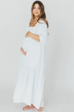 Fashion Worth Collective Goddess 100% Cotton Babydoll Maxi Dress in White - Bump Friendly