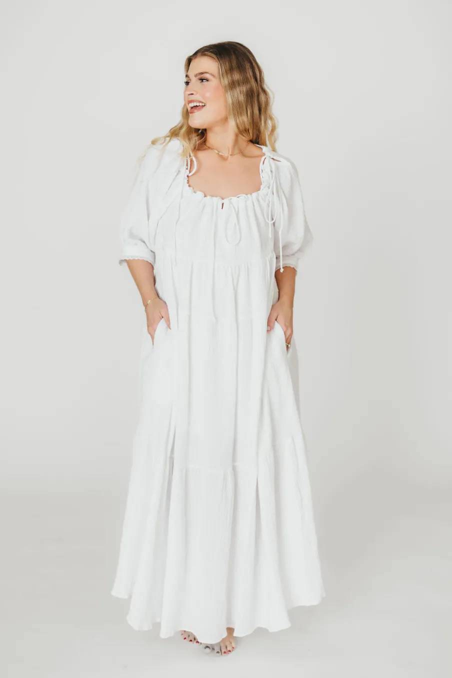 Fashion Worth Collective Goddess 100% Cotton Babydoll Maxi Dress in White - Bump Friendly