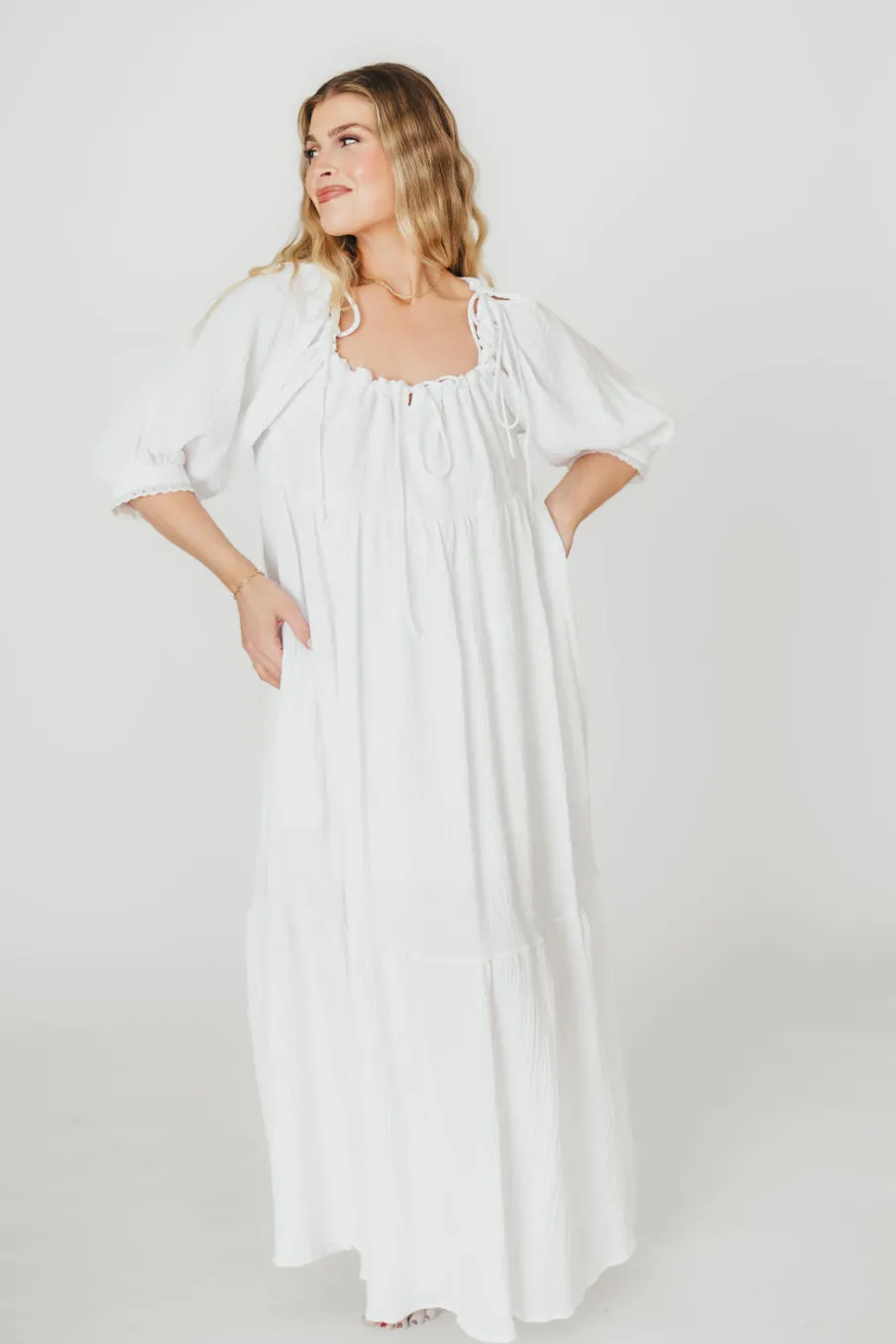 Fashion Worth Collective Goddess 100% Cotton Babydoll Maxi Dress in White - Bump Friendly