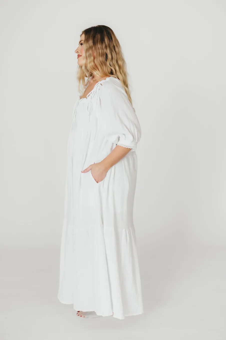 Fashion Worth Collective Goddess 100% Cotton Babydoll Maxi Dress in White - Bump Friendly