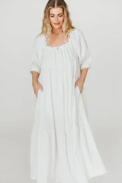 Fashion Worth Collective Goddess 100% Cotton Babydoll Maxi Dress in White - Bump Friendly