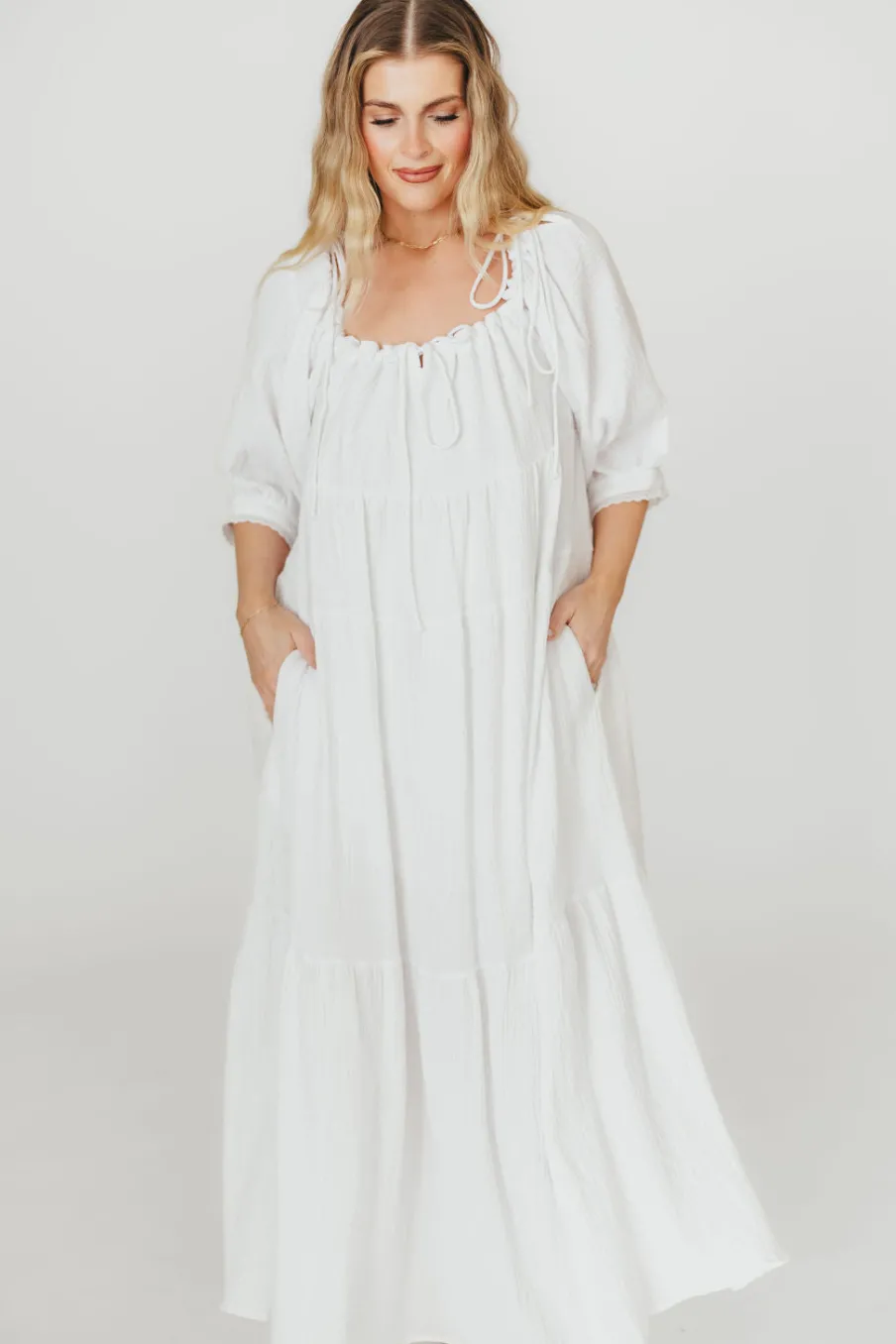 Fashion Worth Collective Goddess 100% Cotton Babydoll Maxi Dress in White - Bump Friendly