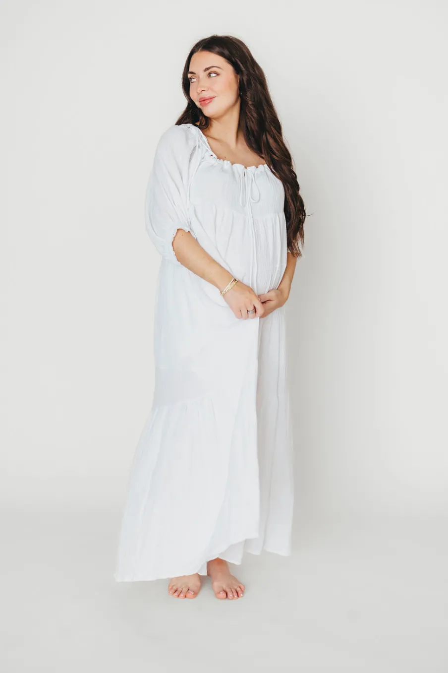 Fashion Worth Collective Goddess 100% Cotton Babydoll Maxi Dress in White - Bump Friendly