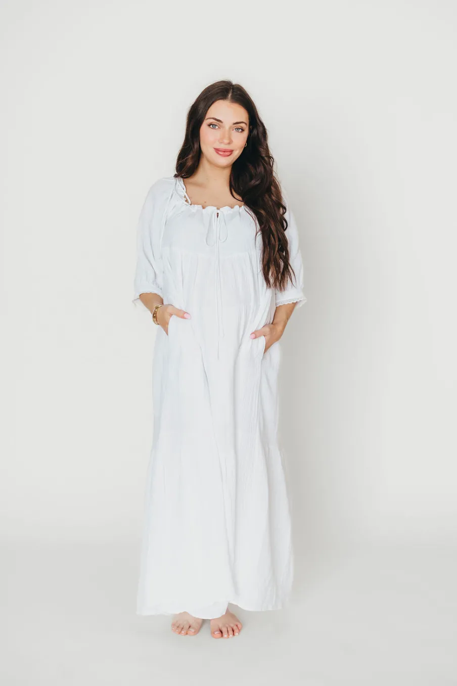 Fashion Worth Collective Goddess 100% Cotton Babydoll Maxi Dress in White - Bump Friendly