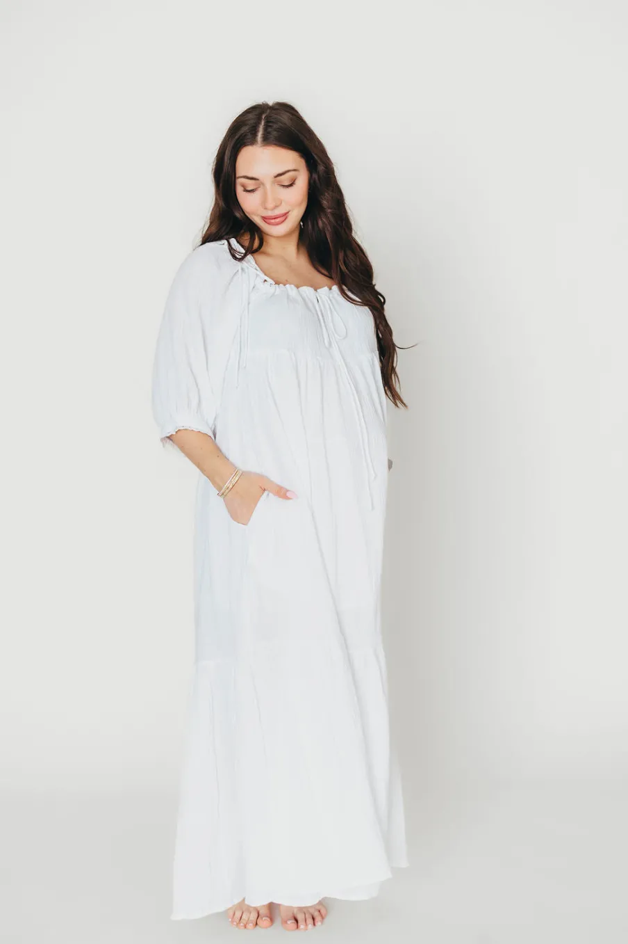 Fashion Worth Collective Goddess 100% Cotton Babydoll Maxi Dress in White - Bump Friendly