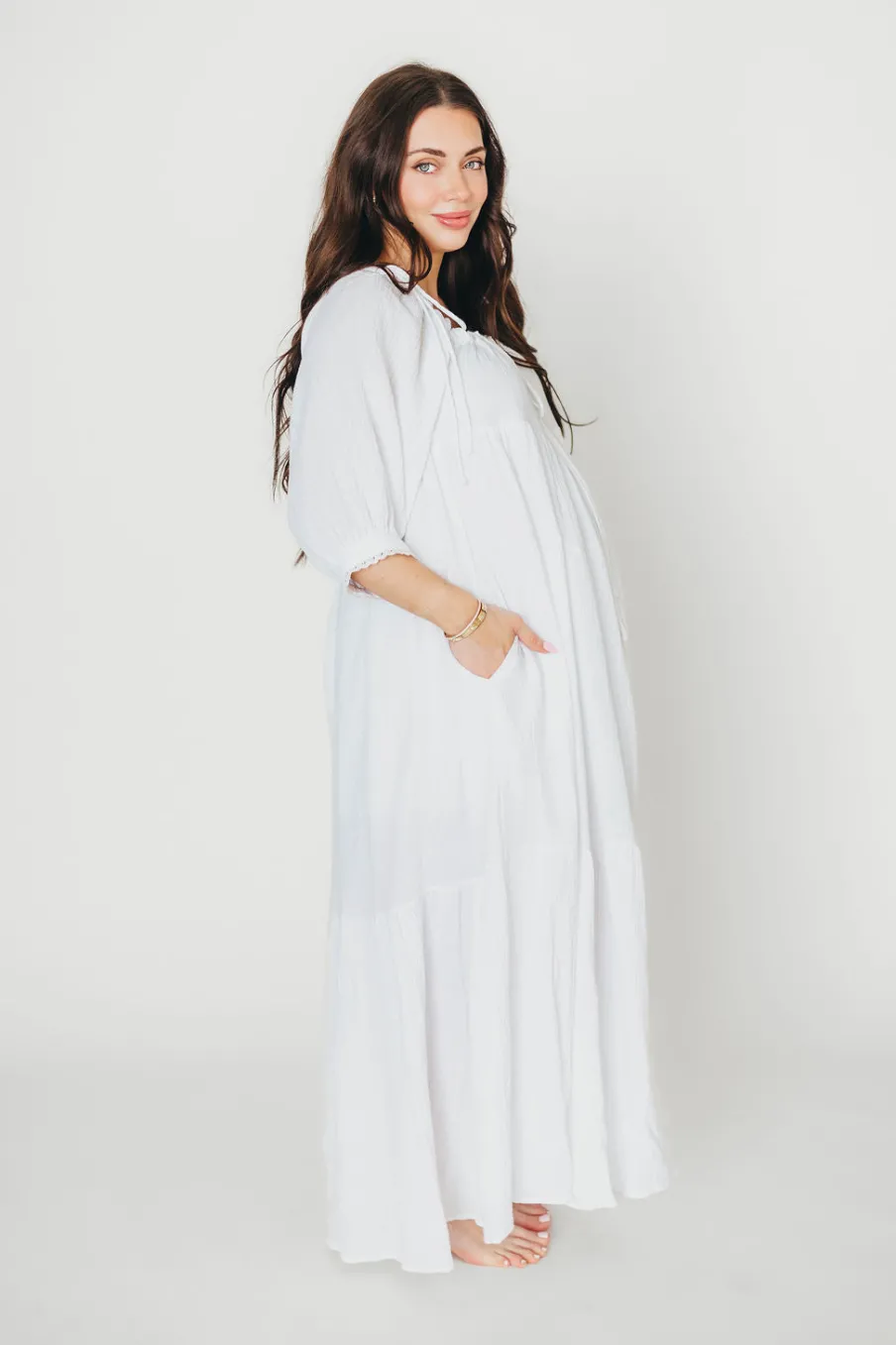 Fashion Worth Collective Goddess 100% Cotton Babydoll Maxi Dress in White - Bump Friendly