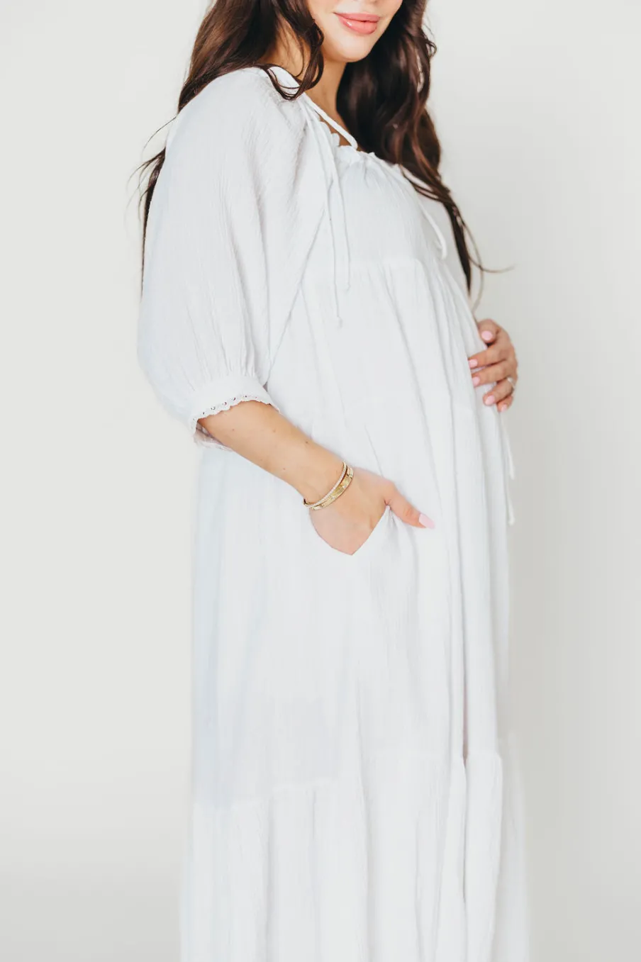 Fashion Worth Collective Goddess 100% Cotton Babydoll Maxi Dress in White - Bump Friendly