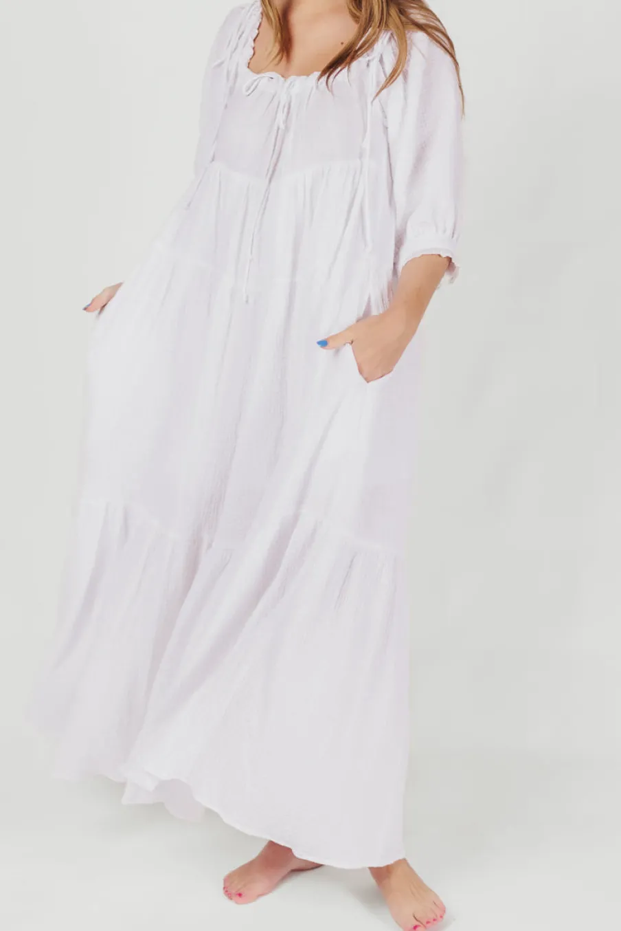 Fashion Worth Collective Goddess 100% Cotton Babydoll Maxi Dress in White - Bump Friendly