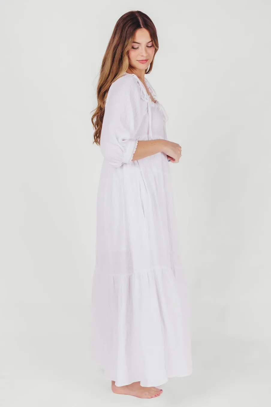 Fashion Worth Collective Goddess 100% Cotton Babydoll Maxi Dress in White - Bump Friendly