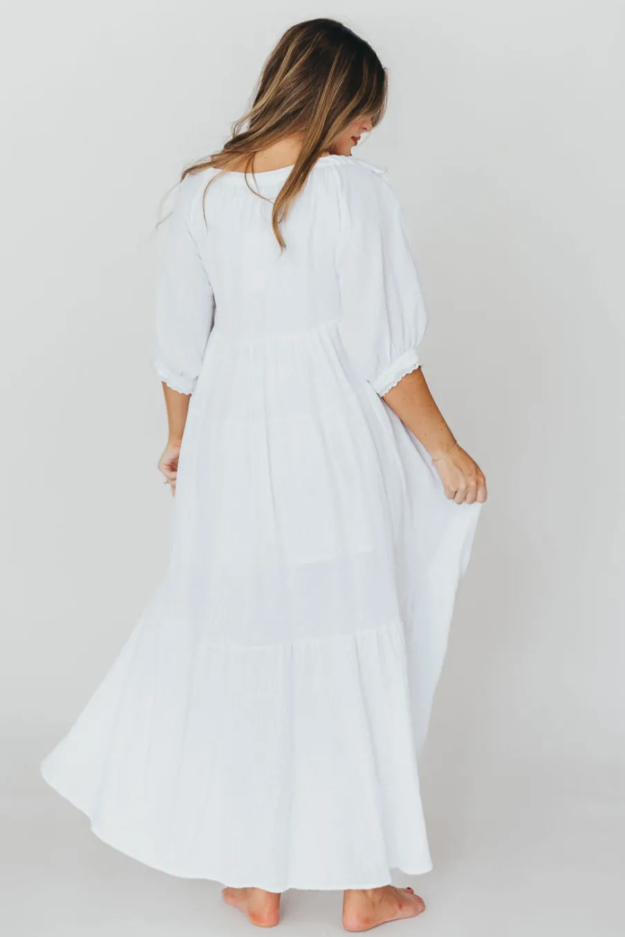 Fashion Worth Collective Goddess 100% Cotton Babydoll Maxi Dress in White - Bump Friendly
