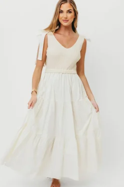 New Worth Collective Gretchen 100% Cotton Knitted Sleeveless Tiered Maxi Dress in Cream