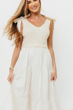 New Worth Collective Gretchen 100% Cotton Knitted Sleeveless Tiered Maxi Dress in Cream