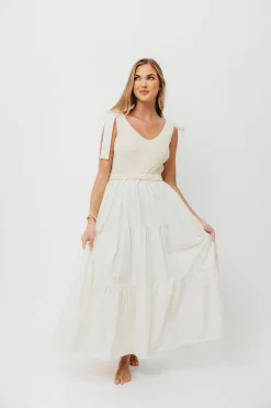 New Worth Collective Gretchen 100% Cotton Knitted Sleeveless Tiered Maxi Dress in Cream